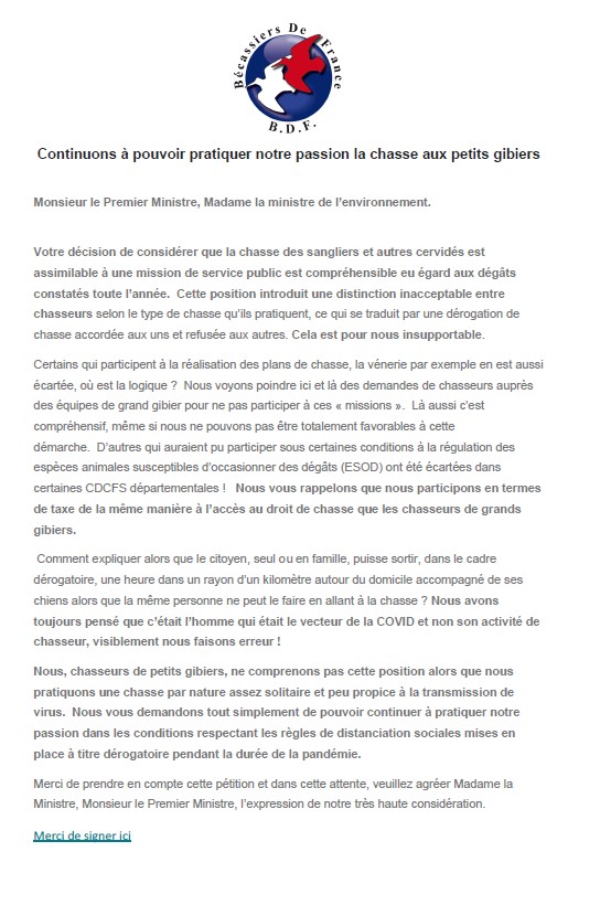 Pétition Bécassiers de France Pétition Bécassiers de France